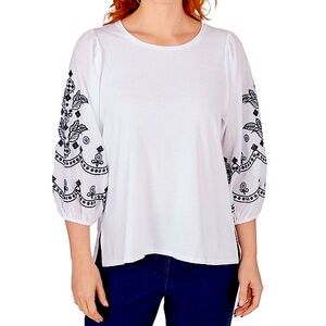 White Puffed Sleeve Embroidered Top